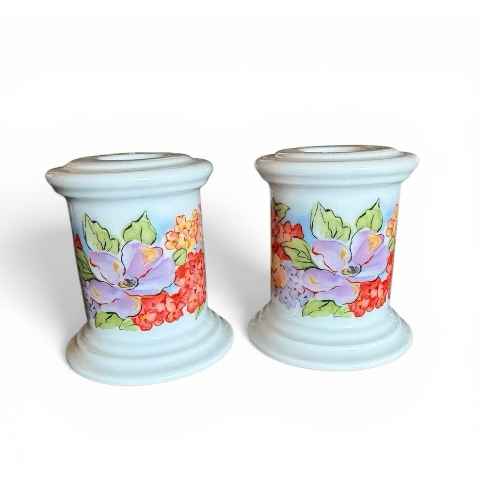 Pair of Vintage White Floral Ceramic Candlestick Holders Spring Flowers